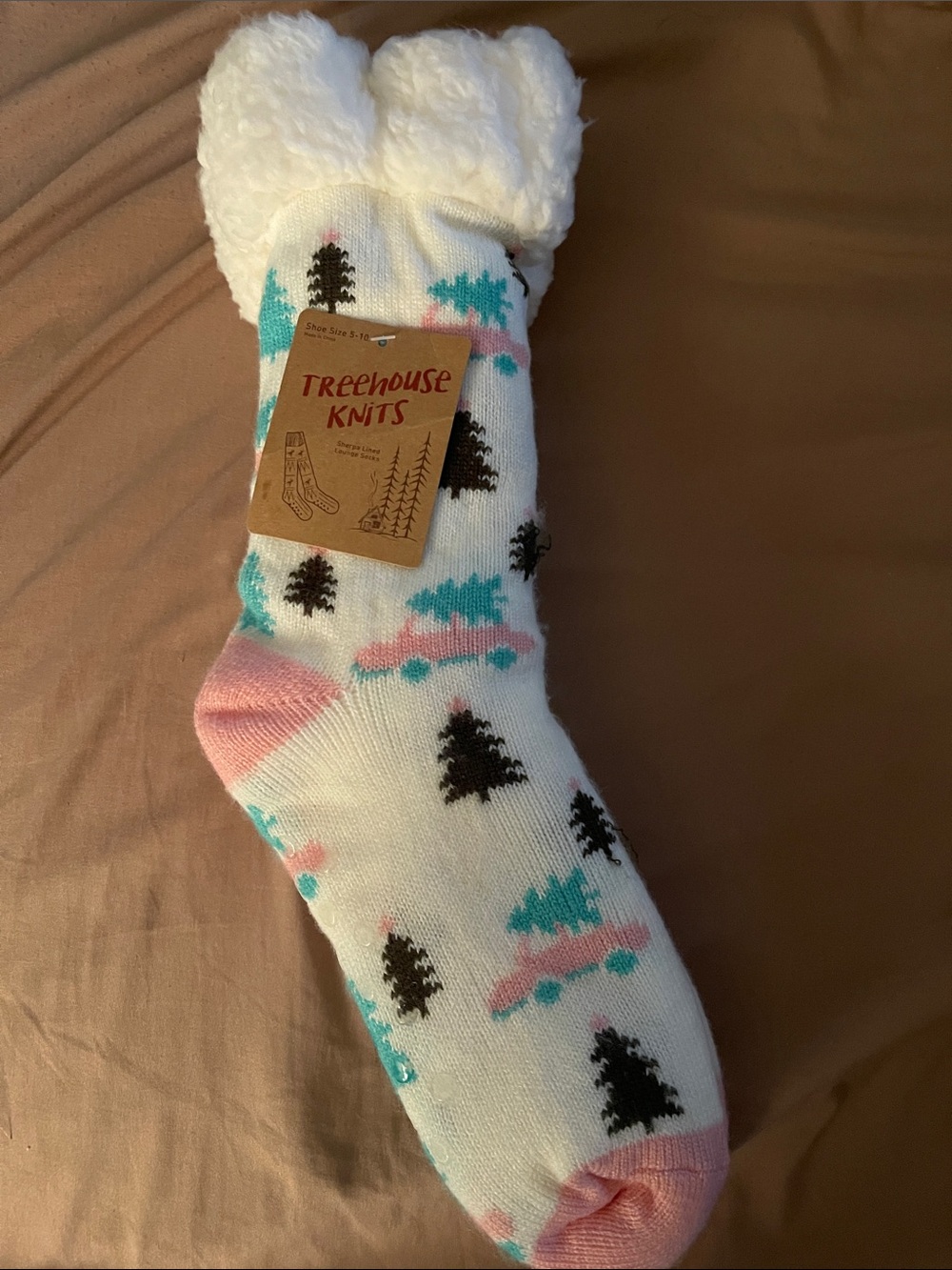 Women's White Fuzzy-Lined Socks with Pink & Teal Details